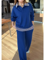 Women's Casual Striped Patchwork Cotton Sweatshirt And Pants Two-piece Set