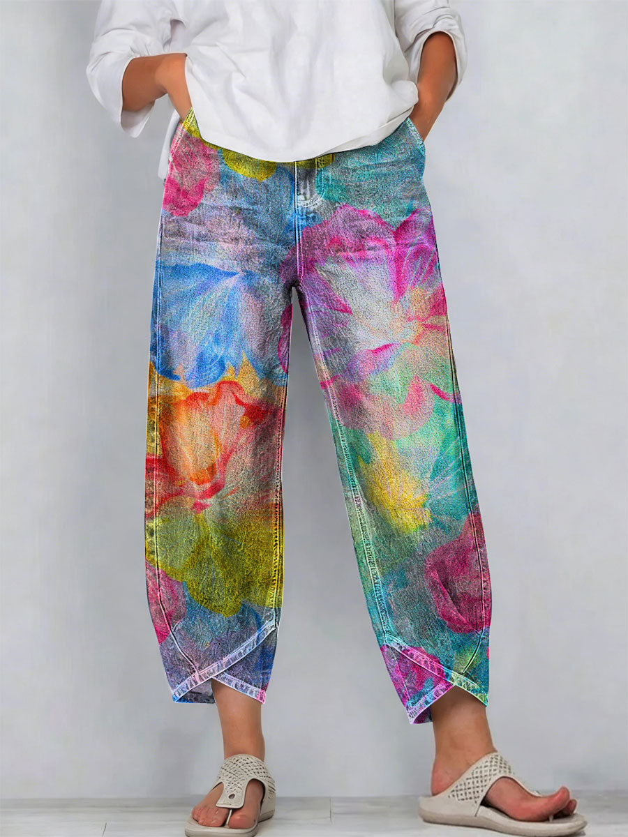 Women's Vintage Nationality Pattern Art Prints Casual Denim Cotton Pants