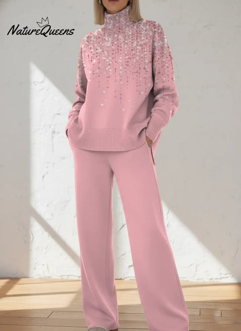 Pink Sparkling Gradient Printed Casual High-neck Top And Straight-leg Pants Set
