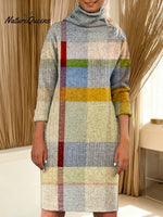 Women's Geometric Pattern Art Print Casual Turtleneck Cotton Knitted Sweater Dress