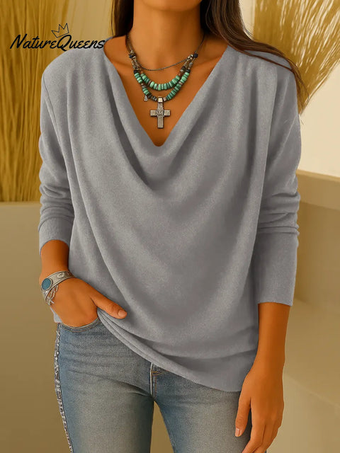 Women's Solid Color Draped Collar Long Sleeve Casual Loose Knit Top
