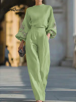 Women's Linen And Cotton Top And Trousers Two-piece Set