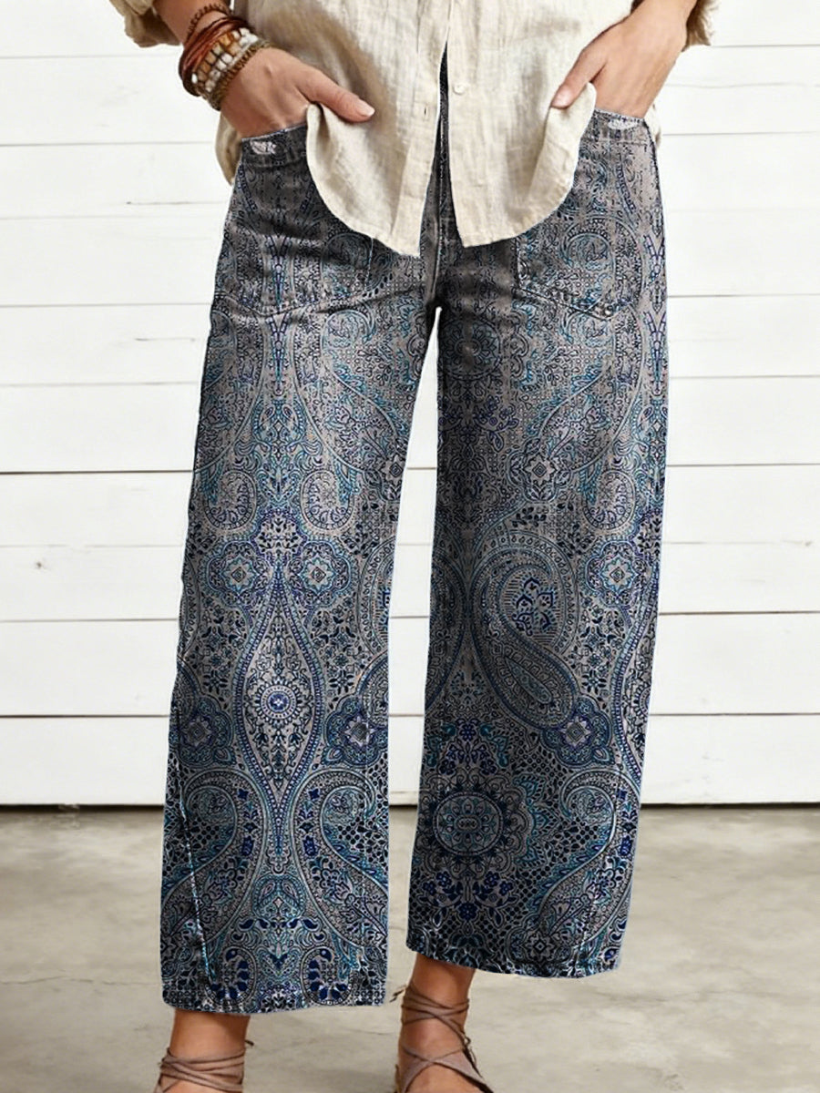 Women's Retro Gradient Paisley Pattern Art Print Casual Cotton Trousers With Pockets