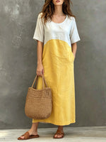Women’s Color Block Round Neck Cotton Linen Casual Short Sleeve Maxi Dress