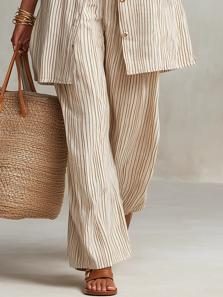 Women's Striped Art Casual Top And Pants Cotton Linen Suits