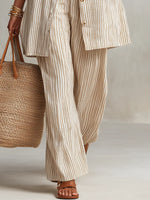 Women's Striped Art Casual Top And Pants Cotton Linen Suits