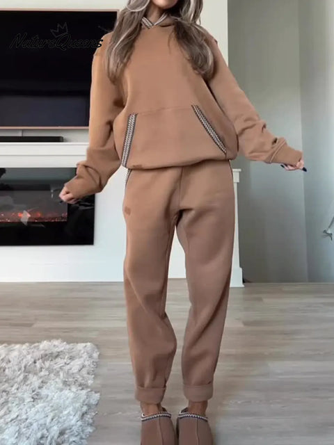 Women's Comfortable Casual Cotton Hooded Sweatshirt and Pants Two-Piece Set