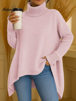 Women's Solid Color Turtleneck Casual Loose Irregular Hem Knitted Top
