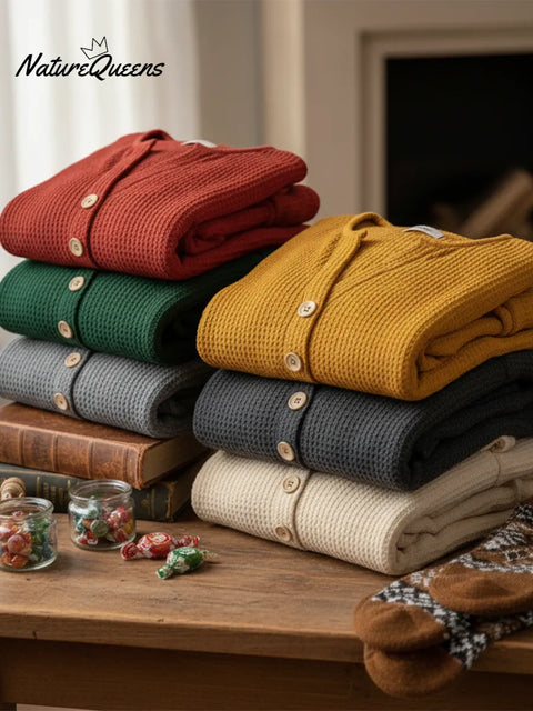 Classic V-neck Button-down Waffle Sweater