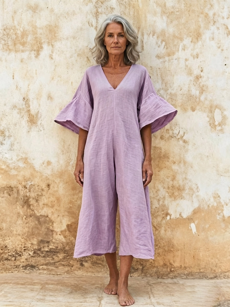 Minimalist Loose-fit Cotton-linen Jumpsuit With Flared Sleeves