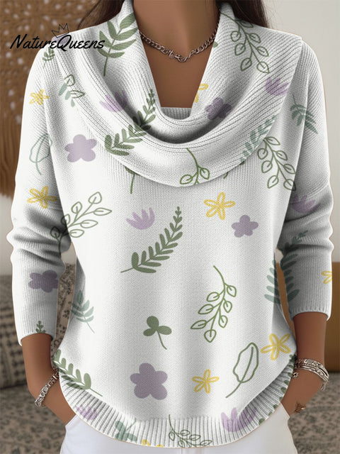 Simple Floral And Plant Decorative Patterns Women's Casual Swing Collar Long Sleeve Sweater