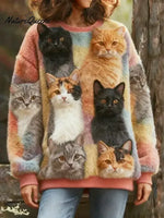 Women's Funny Cats Art Print Casual Velvet Sweatshirt