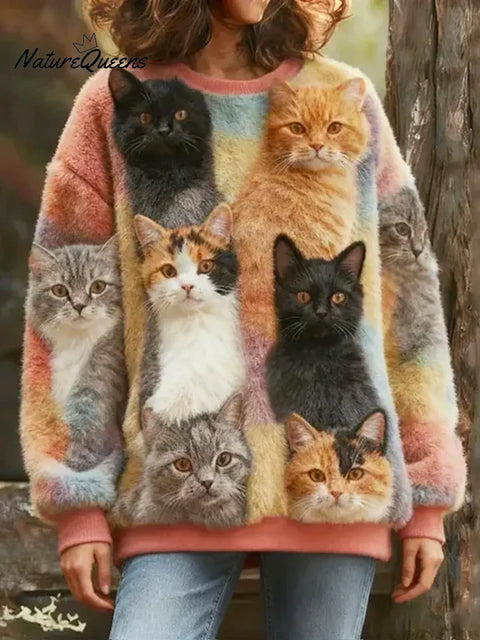 Women's Funny Cats Art Print Casual Velvet Sweatshirt