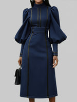 Fashionable Patchwork Leather Lantern Sleeve Denim Dress