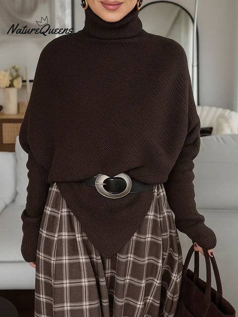 Women's Solid Color Turtleneck Long-sleeved Casual Loose Irregular Hem Pullover Knit Sweater