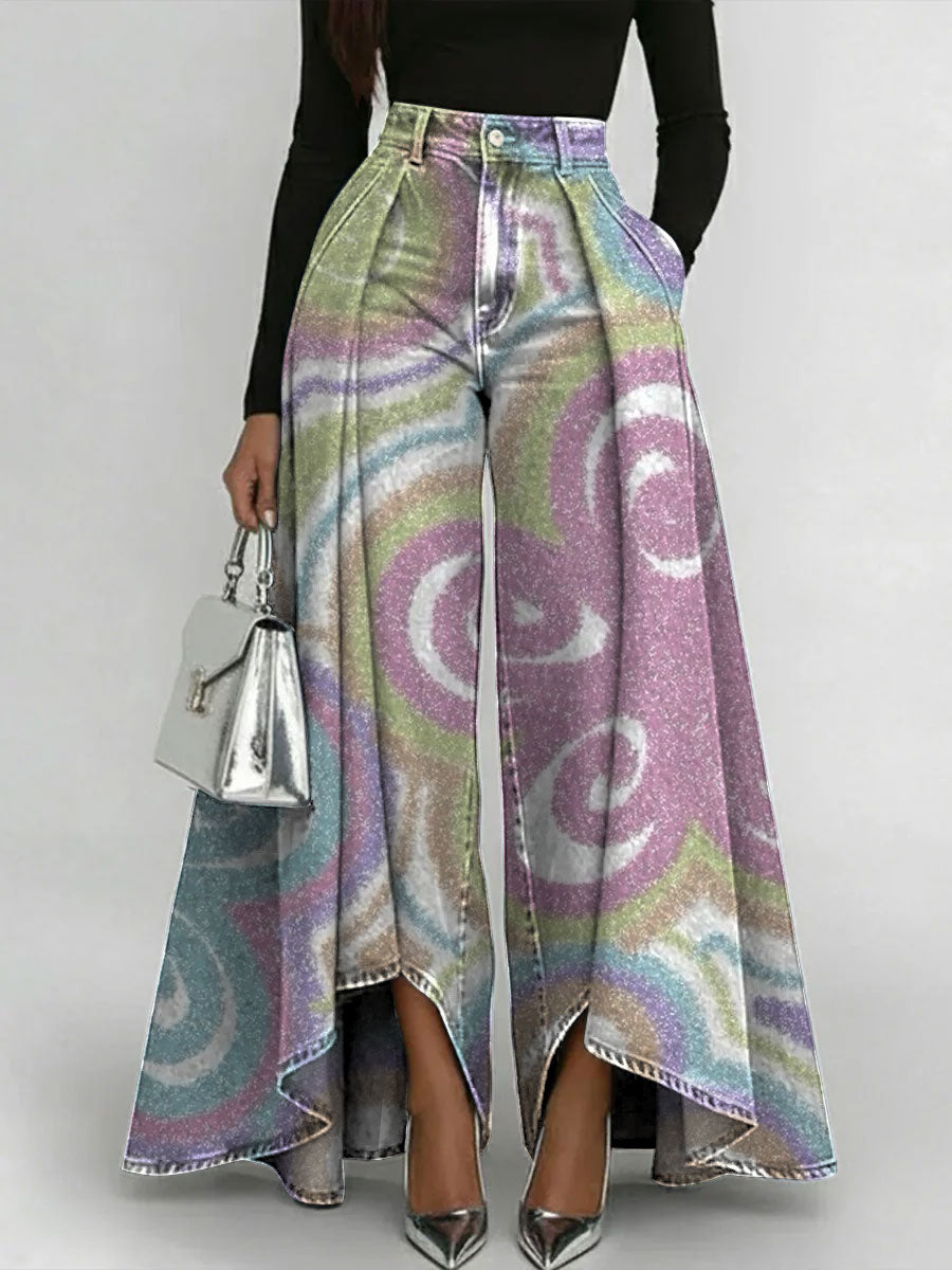 Women's Geometric Gradient Flowers Patchwork Print High-waisted Relaxed Wide-leg Jeans