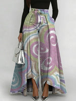 Women's Geometric Gradient Flowers Patchwork Print High-waisted Relaxed Wide-leg Jeans