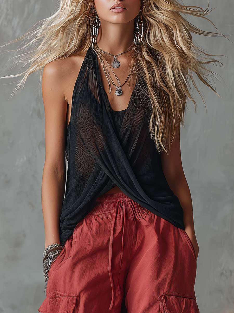 Women's V-neck Sleeveless Casual Loose Cotton-linen Top