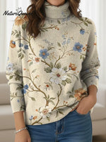 Women's Vintage Artistic Flowers Print Turtleneck Sweater