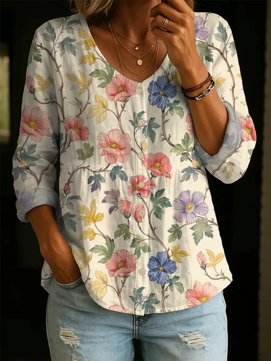 Women's Floral Pattern Art Print Casual Cotton Shirt