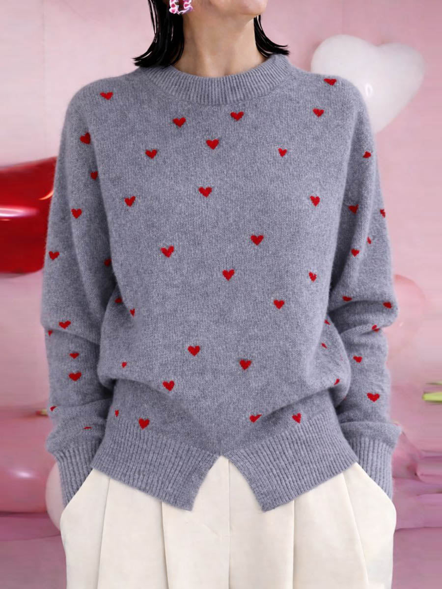Women's Heart-print Stand-collar Long-sleeved Loose-fitting Casual Knitted Sweater