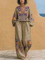 Boho Vintage Bouquet Print Loose Cotton Linen Two-piece Set