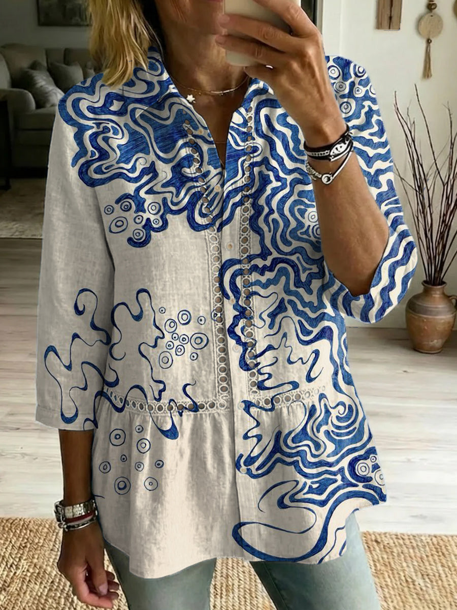 Casual Cotton-linen Shirt With Abstract Art Pattern, Patchwork, Cutouts, And Webbing Trim