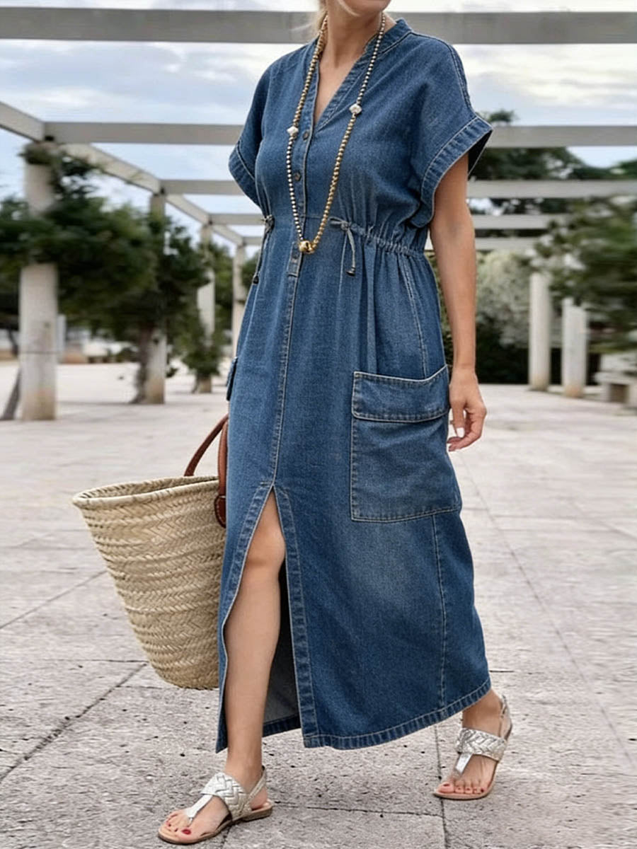 Women's V-neck Short-sleeved Drawstring Casual Loose Denim Dress