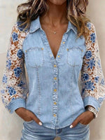 Women's Casual Loose-fit Long-sleeve Denim Patchwork Shirt With Collar