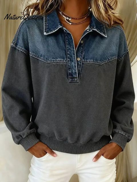 Women's Casual Patchwork Denim Cotton Sweatshirt