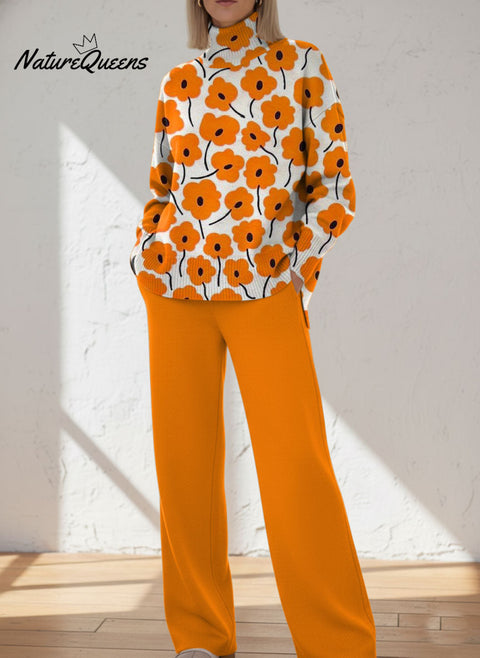 Women's Retro Pattern Art Print Casual Knitted Cotton Top Pants Suit