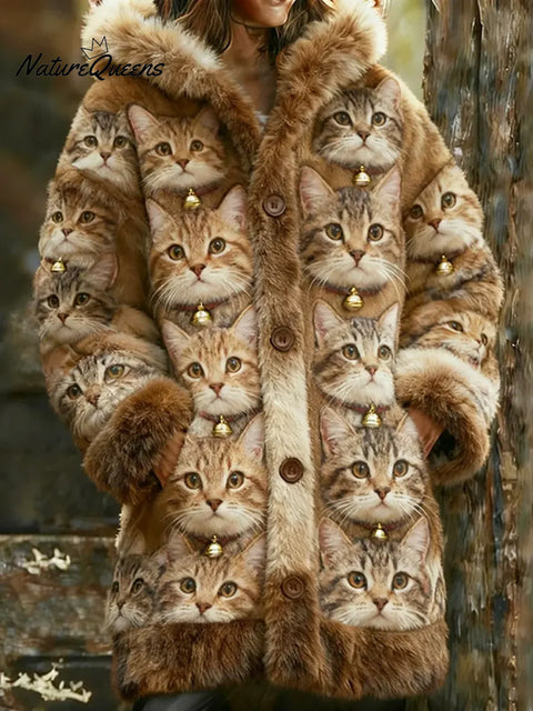 Women's Funny Cats Pattern Art Print Casual Fleece Coat