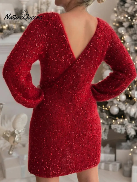 Christmas Party Elegant Sparkling V-neck Knit Dress