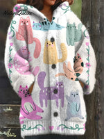 Women's Funny Cats Pattern Art Print Casual Fleece Coat
