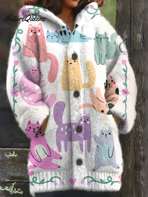 Women's Funny Cats Pattern Art Print Casual Fleece Coat