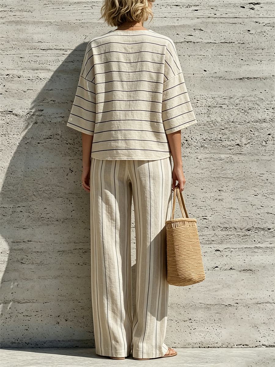 Cotton-linen Two-piece Set Featuring A Horizontal-striped Top And Vertical-striped Wide-leg Trousers With An Elastic Waist, Small V-neck, And Three-quarter Sleeves.