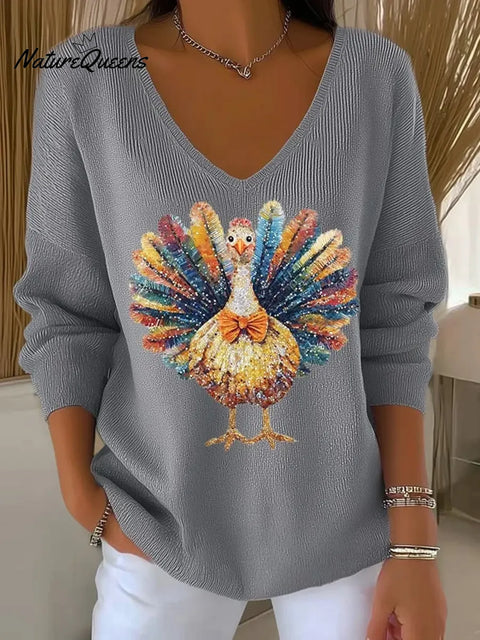 Women's Thanksgiving Turkey Pattern Art Print Casual V-Neck Sweater