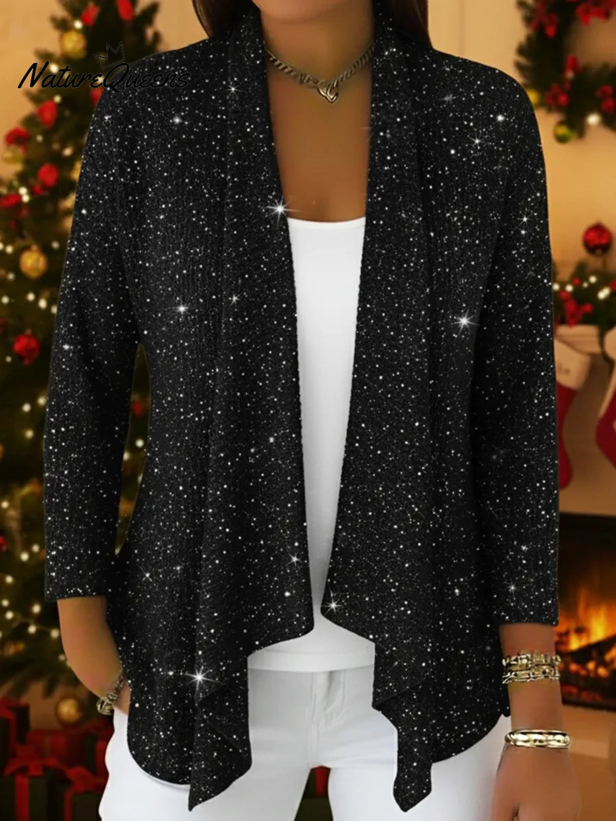 Retro-elegant Irregular Hem Shimmering Knit Cardigan