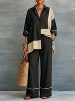 Casual Color-blocked Linen And Cotton Shirt And Trousers Two-piece Set