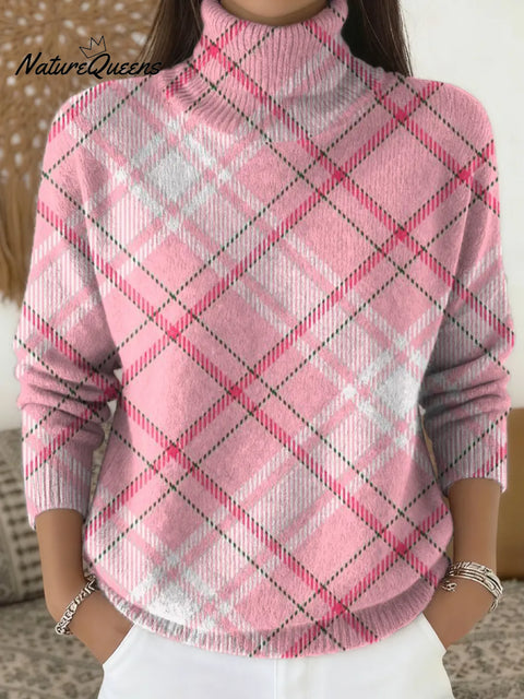Women's Plaid Pattern Art Print Casual Turtleneck Pullover Sweater