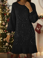 Elegant Lantern Sleeve Shimmering Knit Dress