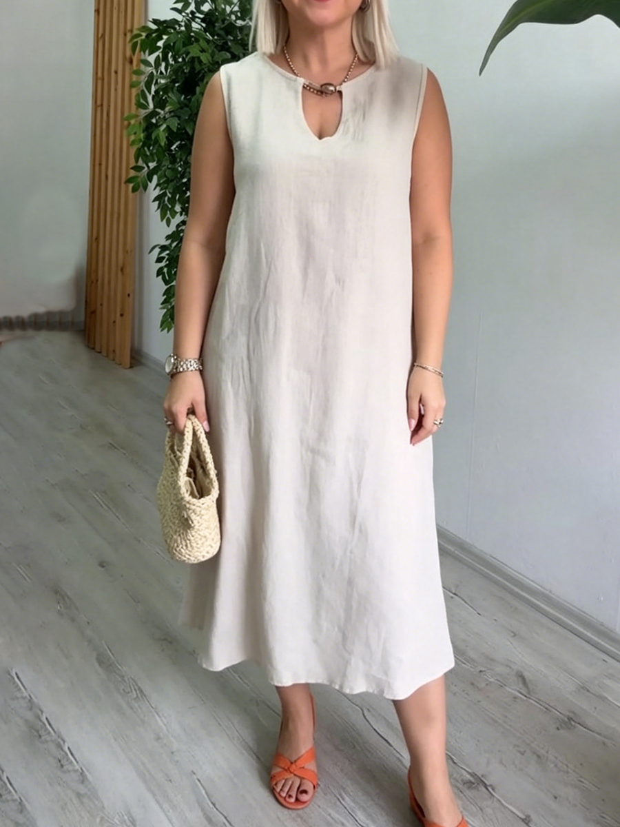 Elegant Beaded-collar Cotton-linen Dress
