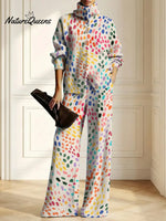 Women's Abstract Dot Pattern Art Print Casual Cotton Knitted Suits