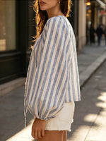 Loose-fitting V-neck Stripe Cotton Shirt