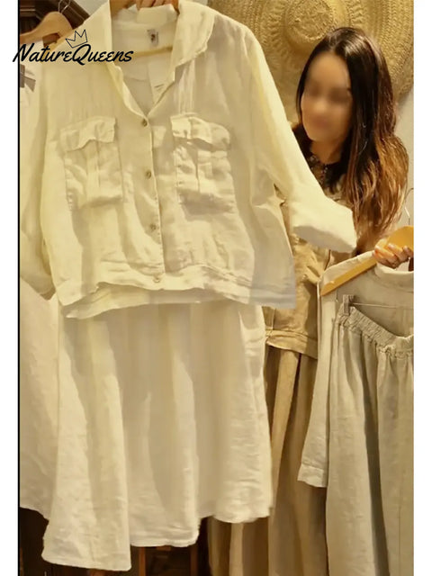 Women's Casual Linen And Cotton Top And Skirt Two-piece Set