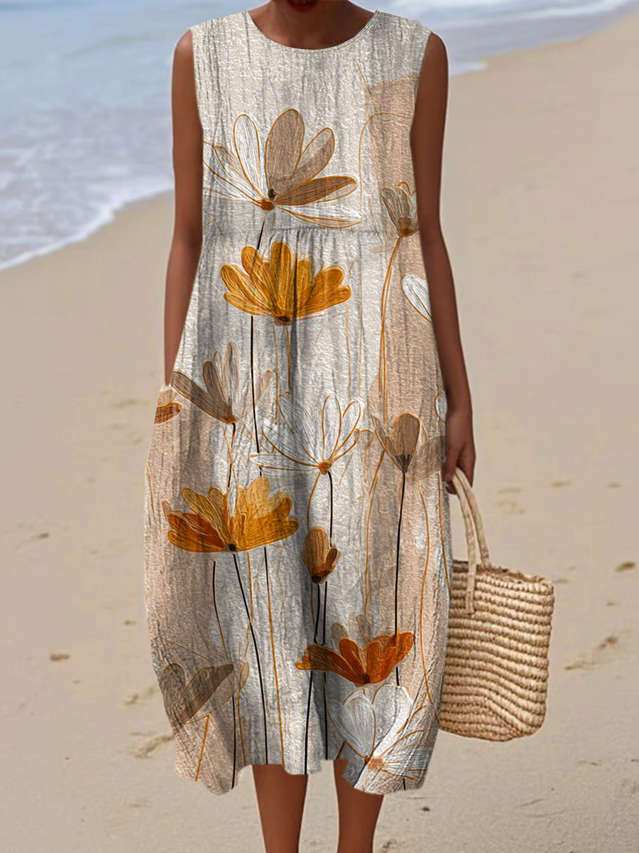 Women's Vintage Flower Art Print Sleeveless Cotton Pocket Wrap Dress