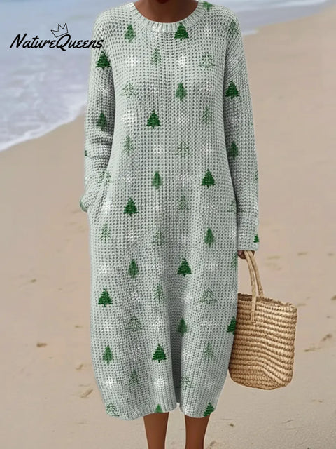 Cute Christmas Tree Printed Round Neck Knit Dress
