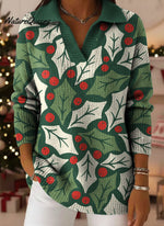 Christmas Trees Snowflake Art Pattern Polo Collar Shiny Loose Sweater Top