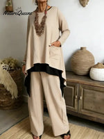Women's Casual Asymmetrical Hem Cotton Top And Pants Two-piece Set