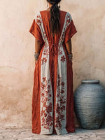 Women's Casual Loose Cotton-linen Dress With V-neck Short Sleeves And Placement Print